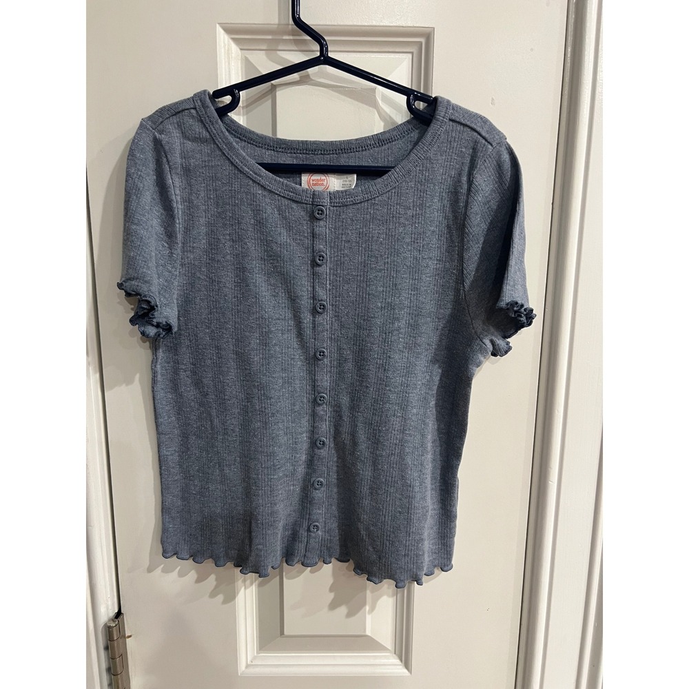 Wonder Nation Girls Grey Ribbed Button Front Lettuce Edge Top Size L 10-12